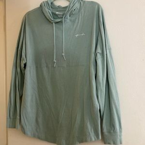 PINK green hooded long sleeve- metallic writing on back: Small